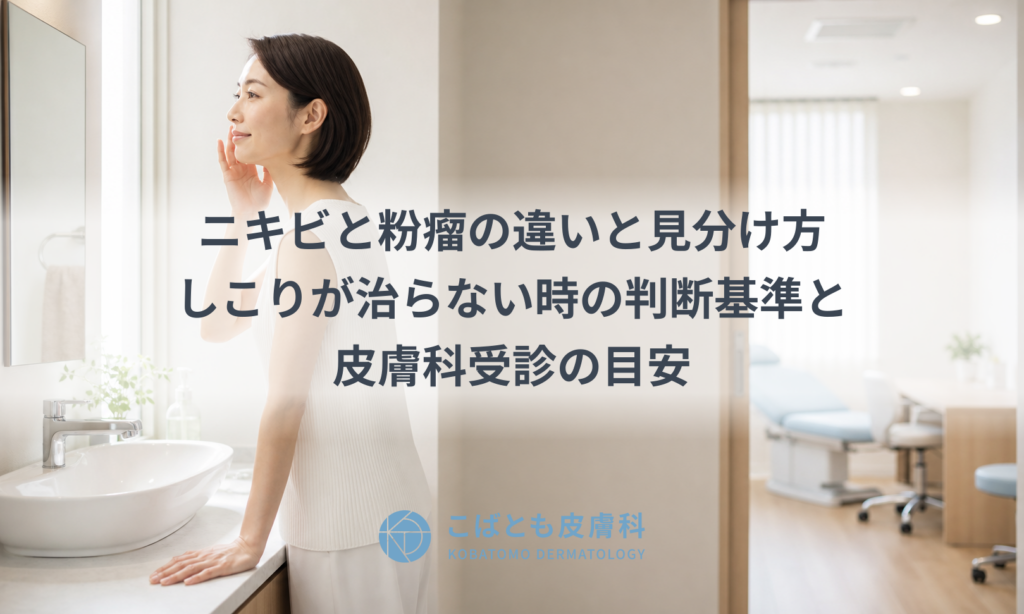 鏡の前で頬のしこりを確かめる人と明るい皮膚科の診察室のイメージ