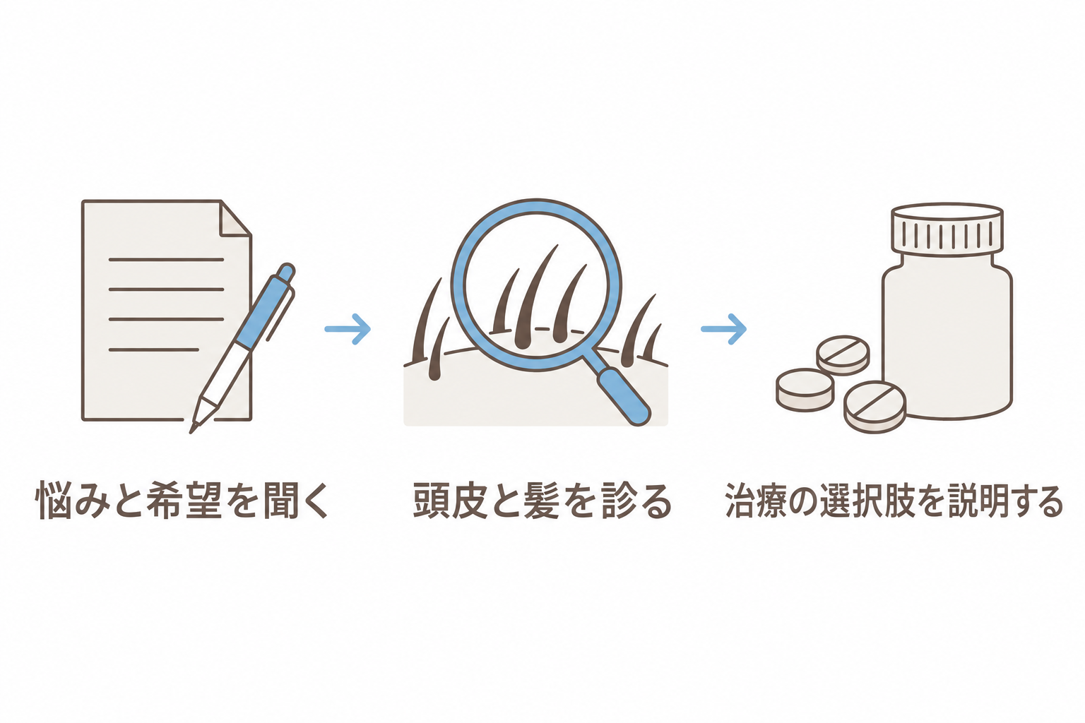カウンセリングの流れ。悩みと希望を聞き、頭皮と髪を診て、治療の選択肢を説明する