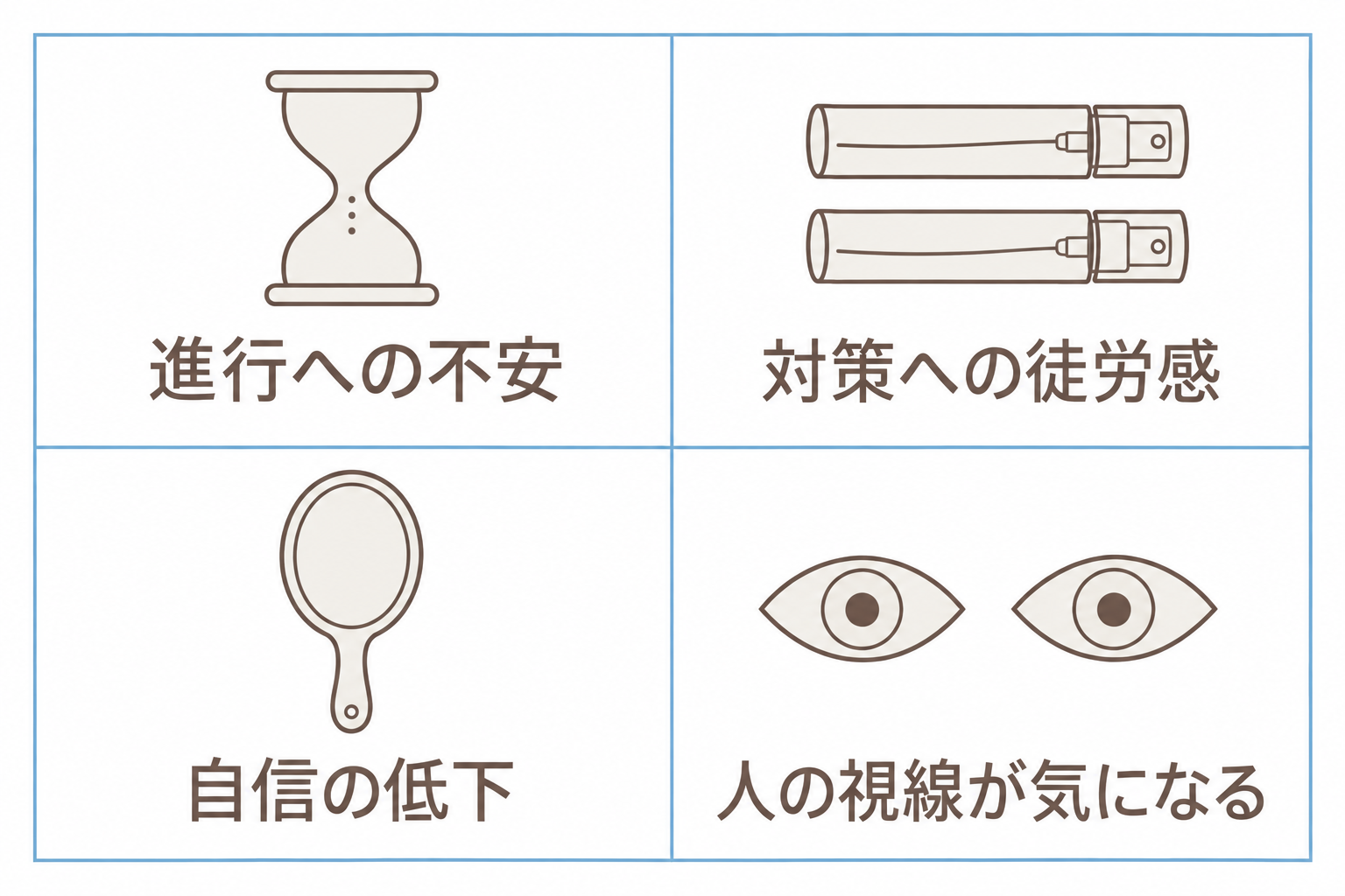 薄毛の悩みから生じる気持ち。進行への不安、対策への徒労感、自信の低下、人の視線が気になる