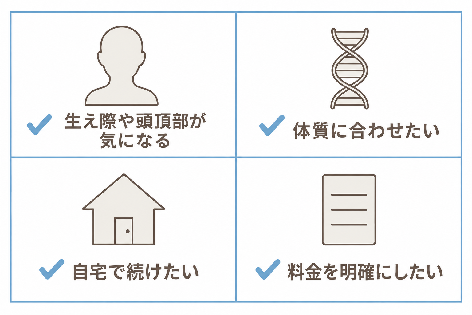 このアプローチが合う人。生え際や頭頂部が気になる、体質に合わせたい、自宅で続けたい、料金を明確にしたい
