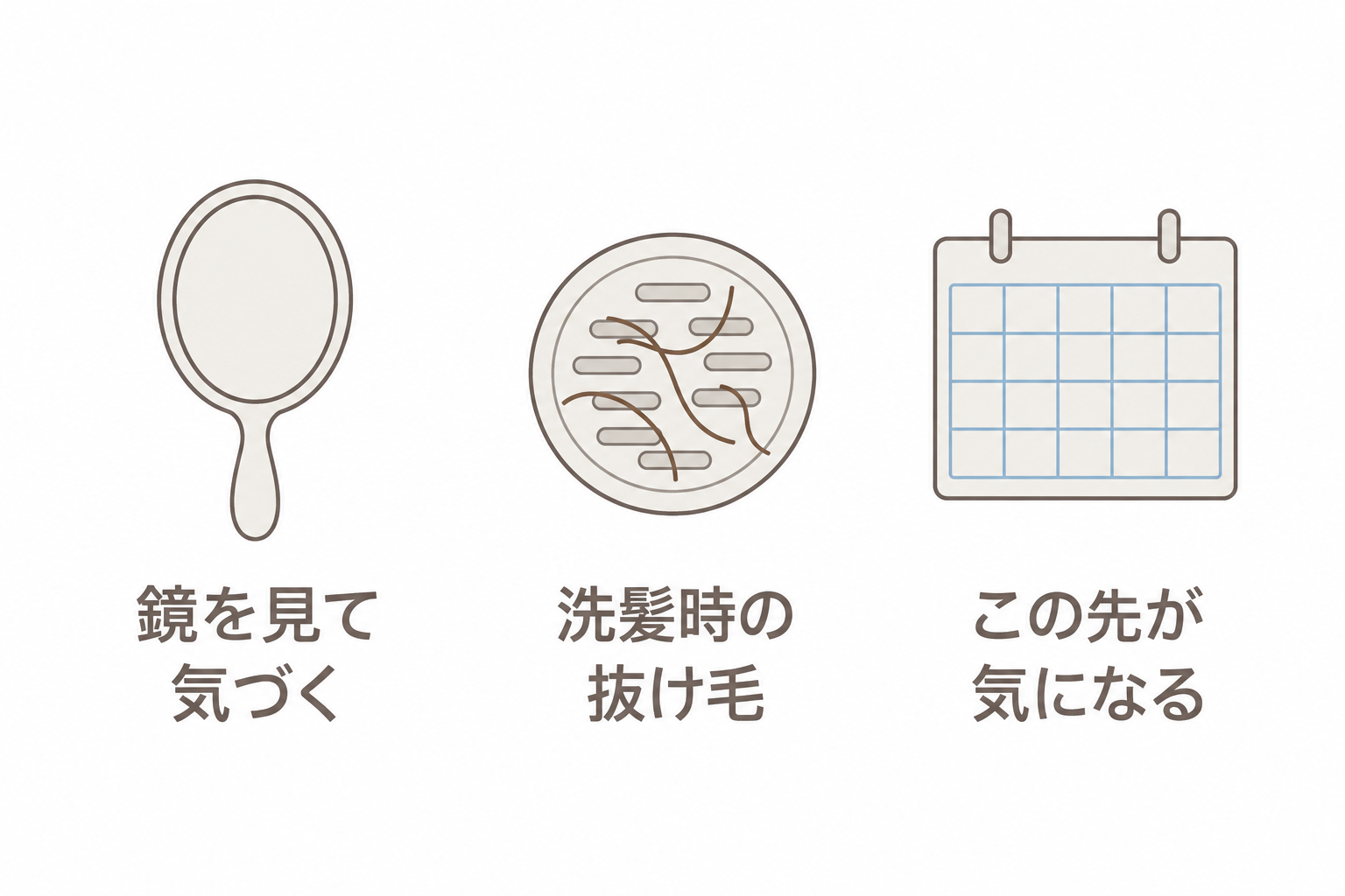 鏡を見て気づく、洗髪時の抜け毛、この先が気になるという髪の変化への気づき