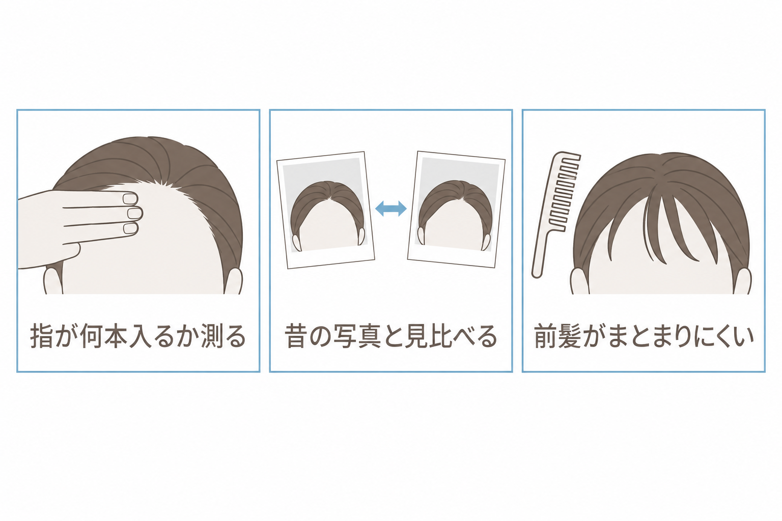 生え際のセルフチェック。指が何本入るか測る、昔の写真と見比べる、前髪がまとまりにくい