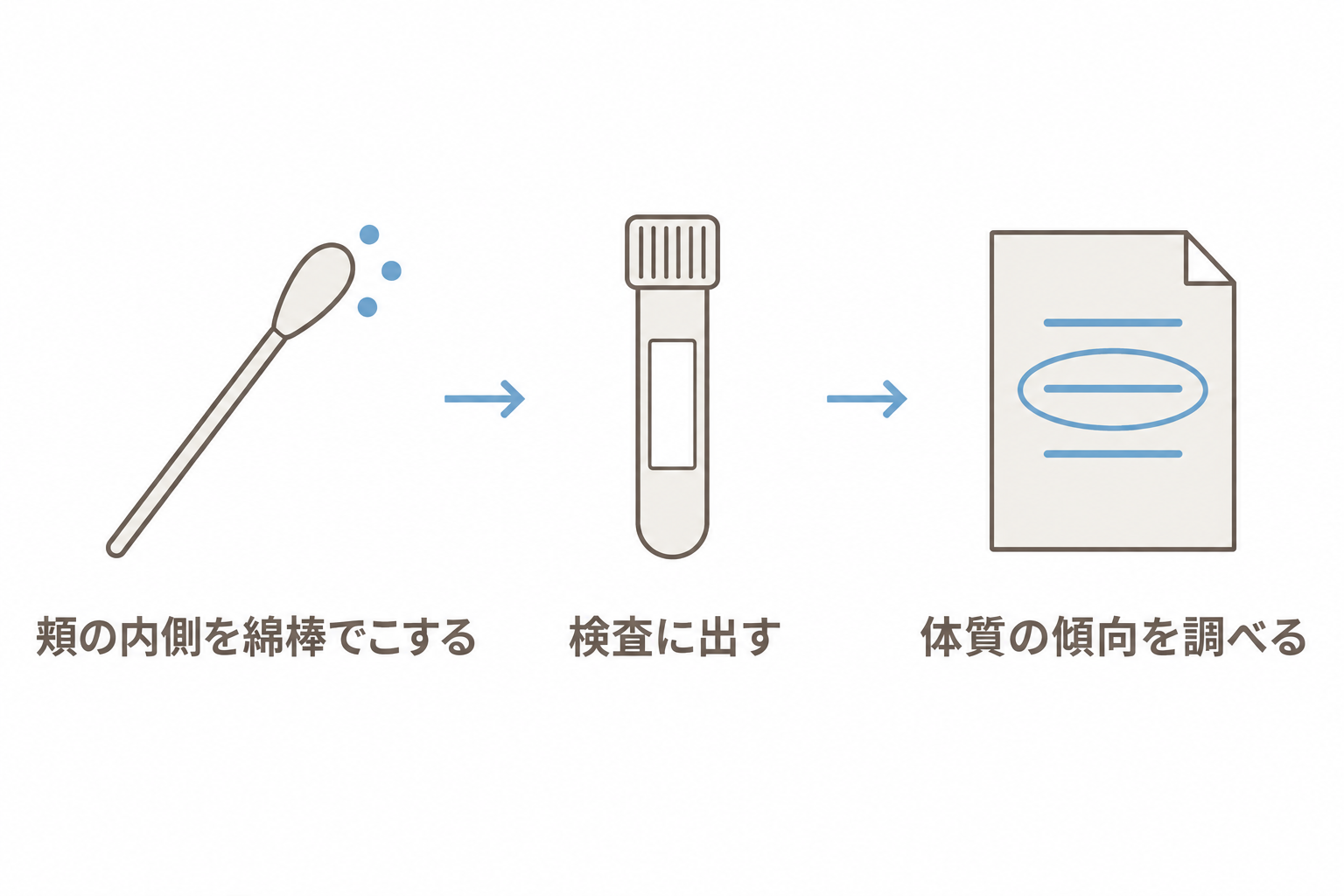 遺伝子検査の流れ。頬の内側を綿棒でこすり、検査に出して体質の傾向を調べる