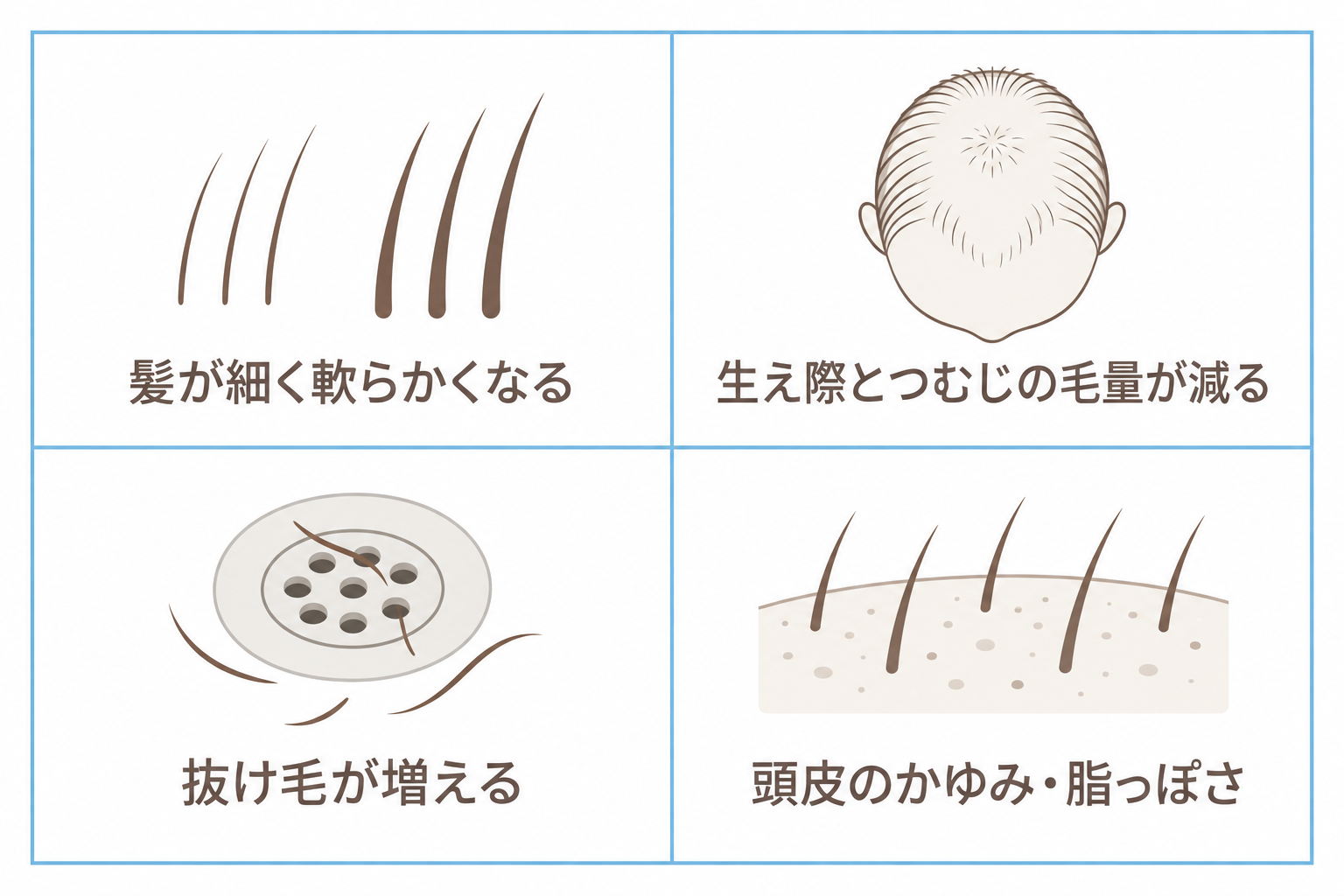 AGAの初期症状。髪が細く軟らかくなる、生え際とつむじの毛量が減る、抜け毛が増える、頭皮のかゆみと脂っぽさ